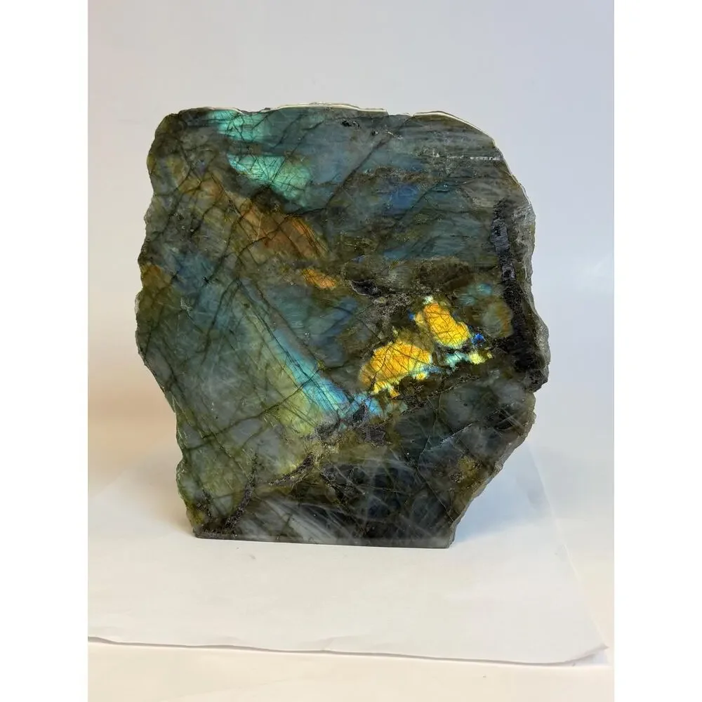 Iridescent Labradorite Standup Mineral Specimen: Polished Face, Flame Flash